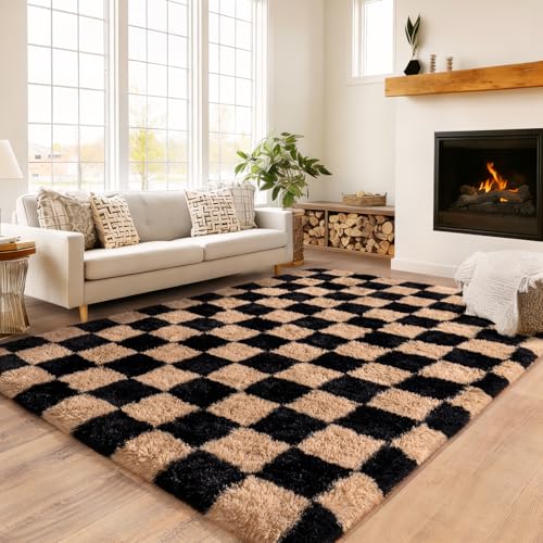 Checkered Rug 4x6 for Bedroom, Black & Beige Ultra Fluffy Shag Area Rugs