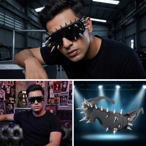 Image of PATPAT Punk Spike Goth Punk Rock Black Sunglasses for Men Stylish Goggles for Women with Unique Long Rivets, Halloween Rock Accessory Cooling Glass for Man Women for Y2k Costume Cosplay Party