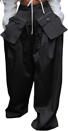 Baczoe Womens Satin-Look Cargo Pants, Fashion Metallic High Waist Outfits with Pockets