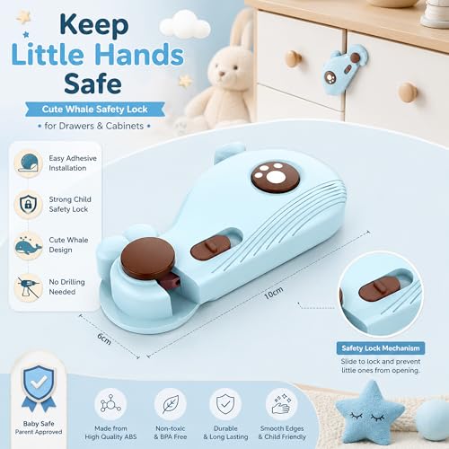 Image of GLUN 2 Piece Whale Shape Baby Safety Drawer Lock with Strong Adhesive, No-Drill Child Proof Cabinet & Fridge Lock, Double-Sided Tape for Drawers, Cupboards & Cabinets