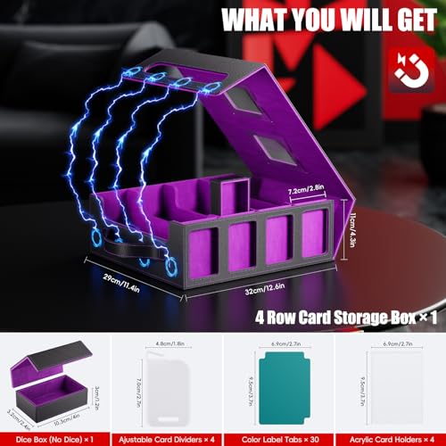 Image of Trading Card Storage Box - 3500+ Magnetic MTG Deck Box with Handle,Commander & Toploader Display, Dice Box,4 Dividers & 30 Color Labels-Fits for TCG,MTG,Yu-Gi-Oh and Sport cards(Black /Purple)