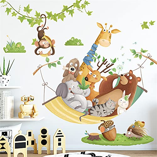 Super Cute Animal Hanging Basket Vine Ivy Wall Decals Giraffe Lion Monkey Bear Rabbit Cat Dog Deer Wall Stickers Bedroom Living Room Tv Wall Door Decor Murals (Animal Hanging Basket) #TOP14