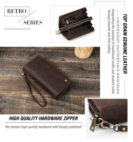 Image of Top Grain Genuine Leather Clutch Bag Wallet with Wristlet for Man & Woman, Handmade Retro Design, 2 Zipper Pockets & Multiple Slots, RFID Large Capacity for Cards /Phone /Check /Money /Coin, Coffee