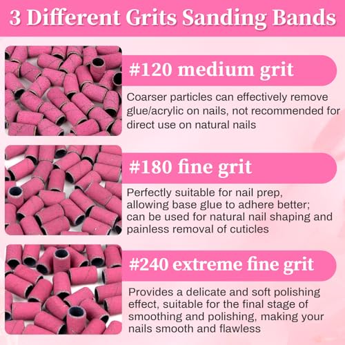 RAQEHO Sanding Bands for Nail Drill - #120, #180, #240 Grit Fine Nail Files with 1pcs 3/32 Drill Bit for Cuticle, Acrylic Gel, Pedicure, Manicure Art Supplies Essentials for Nail Tech(50pcs/Grit)
