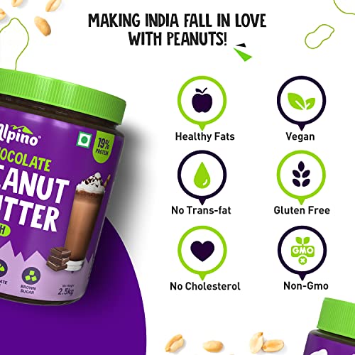 Image of ALPINO Chocolate Peanut Butter Crunch 2.5kg - Roasted Peanuts, Chocolate Paste, Brown Sugar & Sea Salt - 24g Protein, non-GMO, Gluten Free, Vegan - Plant Based Peanut Butter Crunchy