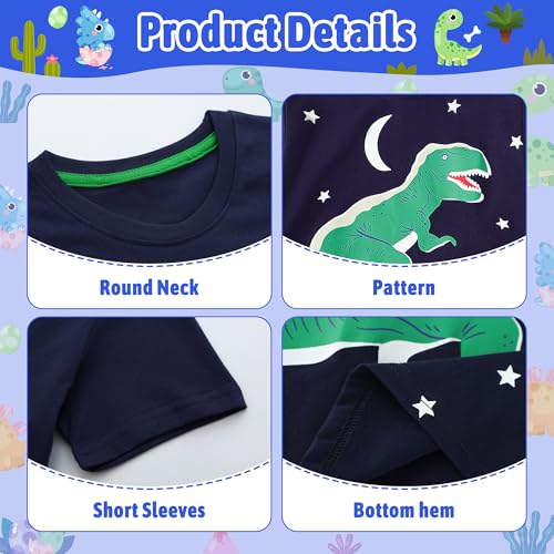 FILOWA Camiseta Niños Manga Corta Algodón T-Shirt Cuello Redondo Azul Marino tee Elástica Cómoda Luminoso Dinosaurio Astronauta Estampado Top Primavera Verano Ropa para Infantil 3-4 años