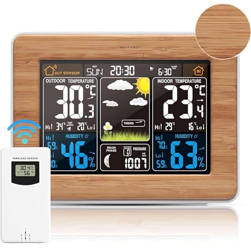 VORRINC Station Meteo, Hygromètre Thermometre Interieur Exterieur avec Capteur Prévisions Météorologiques Phase de la Lune Alarme Réveil Rétroéclairage Réglable, Alimente par Pile et AC - Bois Bambou