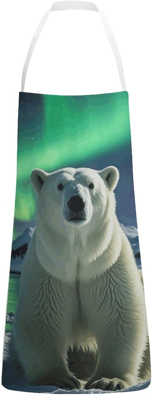 Northern Lights Polar Bear Chef Apron Lightweight Soft Adjustable Bib Apron Cute Restaurant Work Aprons Washable Cooking Kitchen Aprons for Men Women Waiters