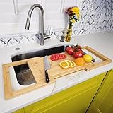 [2024 UPGRADE] Kindled Ivys Expandable Bamboo Wooden Over The Sink Cutting Board - Extra Large XXL Expands Over Kitchen Sink to 33.5x11'. Natural Bamboo, Serving Tray with Juice Groove