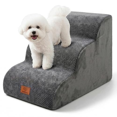 Dog Steps for Bed – Non-Slip Dog Steps for Sofa, High Density Foam Pet Stairs for Small Dogs & Cats – Removable Washable Cover – Grey 3 Step (60 × 40 × 40 cm)