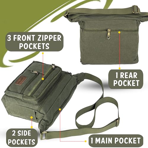 Image of Storite Canvas Sling Crossbody Messenger Bag for Men & Women Multi-Pocket One-Shoulder Travel Bag with Adjustable Strap (Olive - 27 x 10 x 23 Cm)