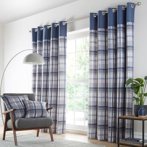 HOMEMAKER BEDDING Curtains Blue Grey eyelet ring top lined tartan check pair (66 x 72 (168x183cm))