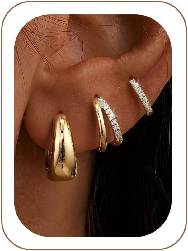 M MOOHAM Gold Hoop Earrings for Women, Hypoallergenic Earring stacks | 14K Gold Plated Chunky Huggie earring set, Waterproof, Non-Tarnish ,Lightweight & Comfy,Jewelry Gifts