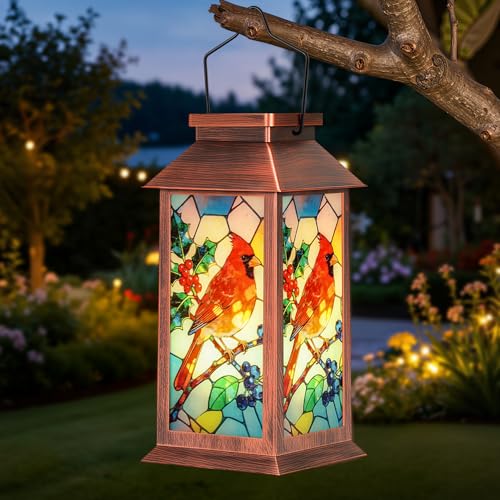 Solar Lanterns Outdoor Waterproof Cardinal Solar Lights Gifts for Mom Women Glass High Efficiency Hanging Lanterns Solar Powered with Handle Cardinal Garden Decor for Table Pathway Walkway