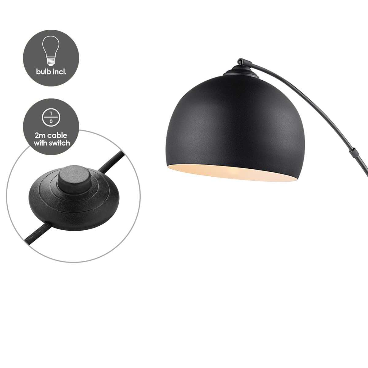 Home Sweet Home Bogenlampe Stehlampe Schwarz Metall 172cm, Stehleuchte Wohnzimmer Industrial Design, E27 Bogenleuchte mit Fußschalter & LED