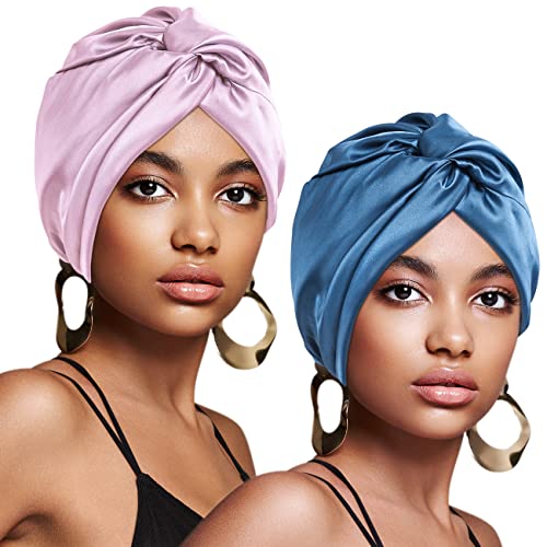Weradau Pack Of 2 Satin Sleeping Bonnet Women Elastic Satin Bonnet Sleep Cap, Adjustable Satin Sleep Cap Hair Bonnet For Women (Blue & Purple -2Pcs) #TOP6