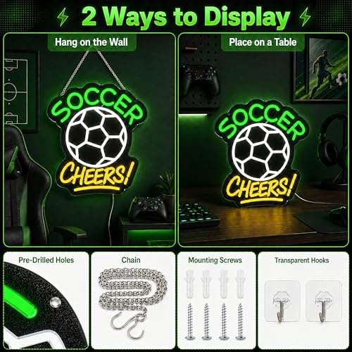 Image of Soccer Cheers LED Neon Sign, Green Ball Wall Light for Sports Bar, Fan Cave, Game Room, Bedroom and Team Room Decor, USB Powered Dimmable Gift for Fans, 13.8 x 13 in