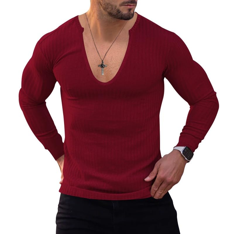 KELYWELL Mens Slim Fit Deep V Neck Knitted Sweater Texture Stretchy Ribbed Tops Slim Fit Pullover Sweater