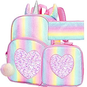 4PCS Kids Backpacks for Girls, 14.5″ Little Kid Unicorn Sequin Preschool School Bookbag and Lunch Box