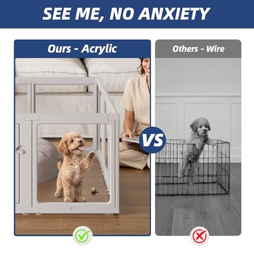 Image of Clear Acrylic Dog Playpen Indoor, Puppy Cat Small Pet Play Pen, Pet Cat Playpen for Rabbits, Dog Fence Crate Kennel Whelping Cage (Grey, 12 Panel)