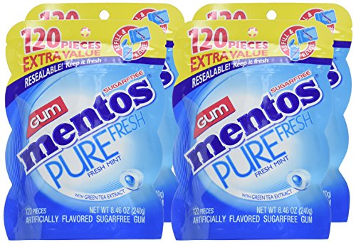 Image of Mentos Pure Fresh Sugar-Free Chewing Gum with Xylitol, Fresh Mint, 120 Piece Resealable Bag (Pack of 4)
