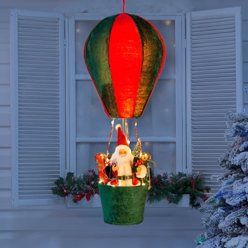 24.4 Inch Lighted Christmas Musical Santa Claus's Special Delivery Hot Air Balloon, Hanging Christmas Decoration with Warm Lights, Indoor Outdoor Xmas Holiday Decor