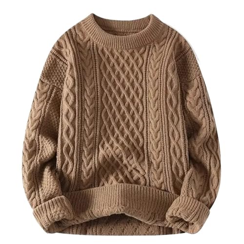 Knitted Sweater for Men Round Neck Warm Inner Loose-fit Pullover Cozy Soft Supple Fall Winter(Khaki,Large)