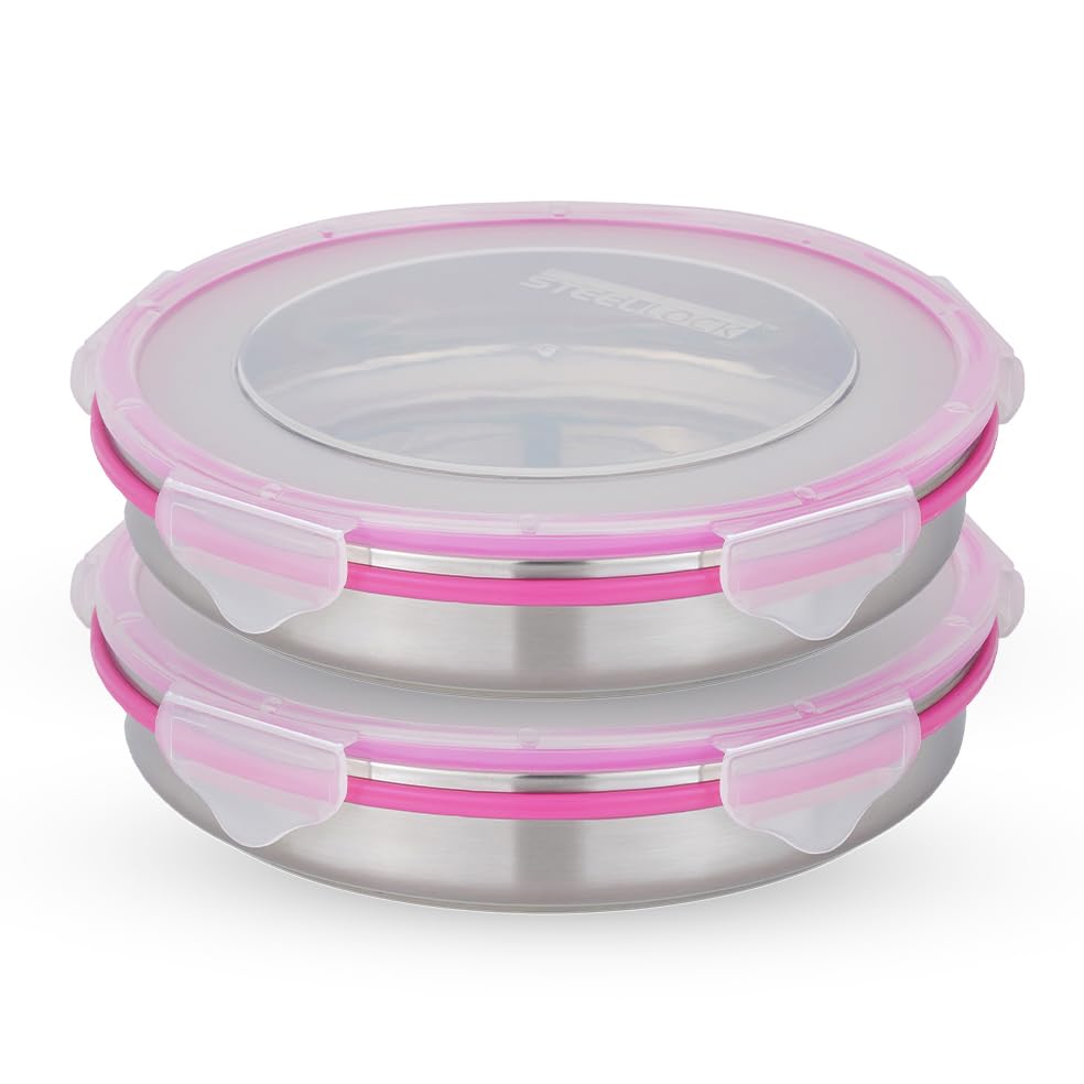 STEELLOCK Stainless Steel Container/Dabba with 4 Side Clip Lock see through Lid for Office & School Use/Food Grade/Air Tight/Easy to Carry/Leak Proof (SL-1500-2pcs X 750 ml, Pink)