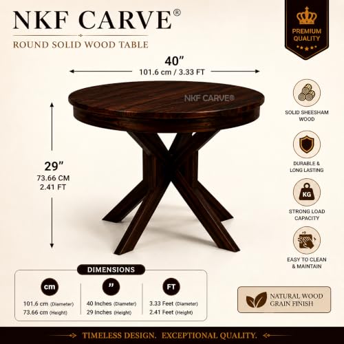 Image of Wooden 4 Seater Dining Set | Solid Sheesham Wood Round Dining Table with Slat Backrest Pattern Cushioned Chairs | Modern & Trending Design for Home & Dining Room | Walnut Finish