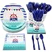 Disposable Dinnerware Set - Serves 24 - Nautical Themed Baby Shower Party Supplies, Includes Plastic Knives, Spoons, Forks, Paper Plates, Napkins, Cups