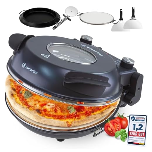 Sommertal PizzaProfi Pizzaofen elektrisch – Pizza Ofen mit 32cm Steinplatte, schnelle 3-Minuten Pizza, bis 400°C – 5-teiliges Set mit Pfanneneinsatz, 2x Pizzaschieber, Schneider, Pizzastein