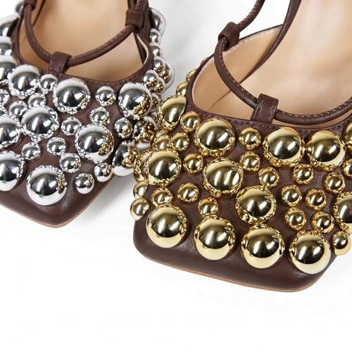 Image of Saint Leia Women's 4IN High Heel Sandals Nude Stiletto Pumps with Gold Silver Pearls Heels for Weddings Parties and Evening Wear