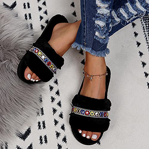 Hbeylia Fuzzy Slippers For Women Boho Ethnic Fluffy Furry Plush Fur Open Toe Slip On Flats House Slippers Bohemian Non Slip Beach Home Slides Dress Sliders For Ladies Indoor Outdoor Winter Fall3