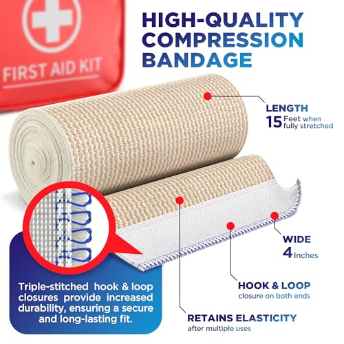 Premium Elastic Bandage Wrap - 4” (5pk) - Strong Compression - Self-Closing Reusable Bandages for Legs and Arms - Wrist, Elbow, Foot, Knee Wrap