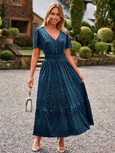 Simplee Womens Fall Velvet Dress Short Sleeve V Neck Floral Maxi Dress Long Formal Winter Wedding Guest Dresses3