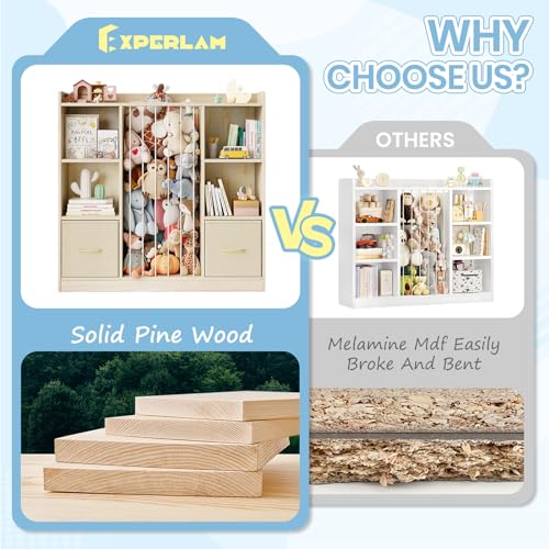 Image of EXPERLAM 4-in-1 Toy Storage Organizer with Stuffed Animal Storage, Solid Pine Kids Bookshelf and Toy Shelf, 6 Cube Shelf with 2 Removable Drawers, Stuffed Animal Zoo for Kids Room, Playroom, Nursery