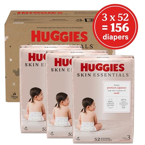 Image of Huggies Size 3 Diapers, Skin Essentials Baby Diapers, Size 3 (16-28 lbs), 156 Count (3 Packs of 52)