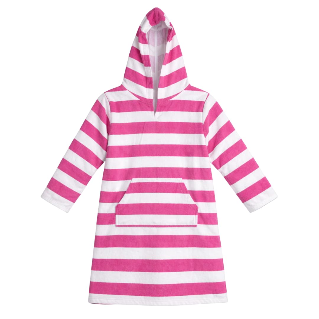 Kidz Swimmers Girls Pink and White Stripey Sun Protection Hooded Poncho Towelling Beach Dress UPF50+ 100% Cotton Age 6-8 Years