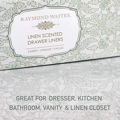 Raymond Waites Fresh Linen Scented Drawer Liners - 5 Non Stick Shelf Liners, Printed Shelf Paper and Drawer Lining Paper Sheets with Matching Gift Box (16.5" x 23" Sheets)