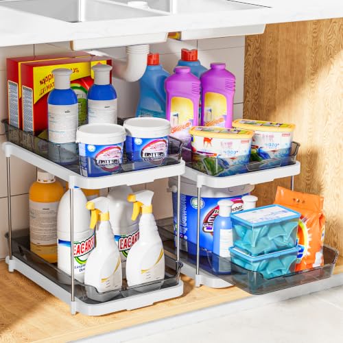 Image of Delamu 2-Tier Multi-Purpose Bathroom Under Sink Organizers and Storage, Stackable Kitchen Pantry Organization, Pull Out Medicine Cabinet Organizer with Movable Dividers, Black, 2 Pack