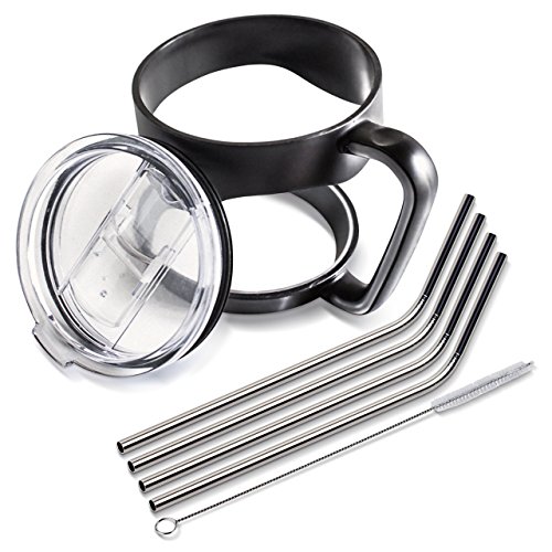 All-Inclusive Drinking Tumbler Accessory Kit - Silicone Handle, 4 Stainless Steel Straws, Spill Proof Sliding Lid - Compatible with YETI Tumbler, RTIC, SIC