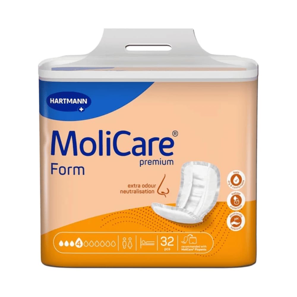 Molicare Premium Form 4 Drops, for Light Incontinence: Maximum Safety, Extra Leak Protection and Discretion for Women and Men, 4 x 32 Pieces