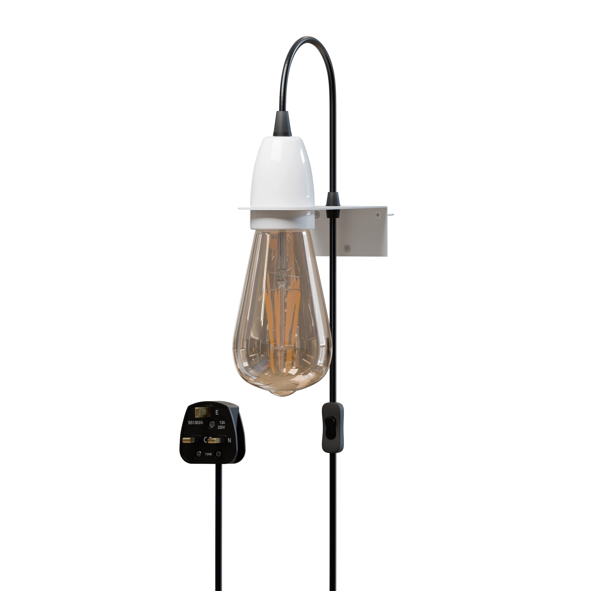 LEDSone 2m Plug in Cord Wall Lamp with Wall Mount Bracket E27 Holder Suspended Pendant Light Fitting Kit, PVC Cable Plug with On/Off Switch (White with Bulb) — image 1