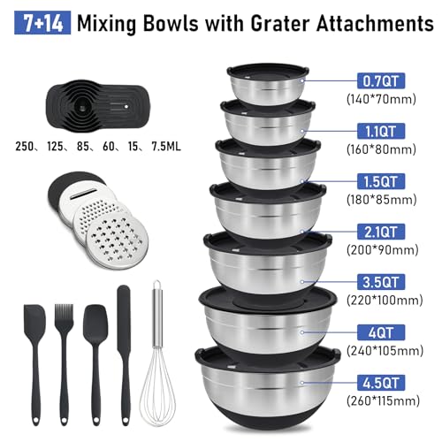 BEWOS 7 Piece Stainless Steel Mixing Bowls Set with Lid, Grater & Accessories - Nesting Bowls, Non-Slip Base, Sizes 4.5, 4, 3.5, 2.1, 1.5, 1.1, 0.7 Qt (US Qt) for Kitchen Mixing, Serving Bowls, Salad - Image 2