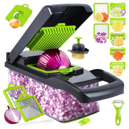 Amzeth Vegetable Chopper, 16 in 1 Food Chopper, Pro Onion Chopper, Kitchen Vegetable Cutter Slicer Dicer, Veggie Chopper with 8 Blades, Potato Carrot Garlic Chopper with Container (Gray)
