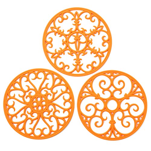 Silicone Trivet Mat - Non-Slip & Heatproof Kitchen Hot Pads for Worktops & Tables - Kitchen Trivets for Hot Cookware & Dishes - Hot Pot Holder for Pans & Pots - Orange, Set of 3