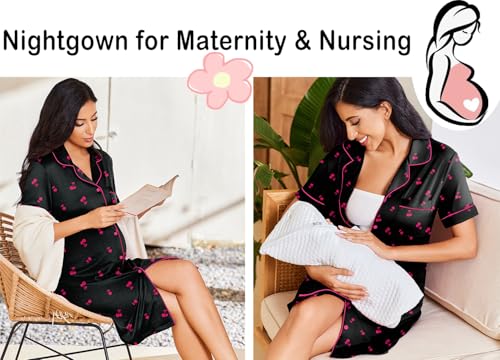 Image of Ekouaer Nightgowns for Women Button Down Sleepshirt Short Sleeve Nightshirt Boyfriend Pajamas V Neck Nightdress S-XXXL