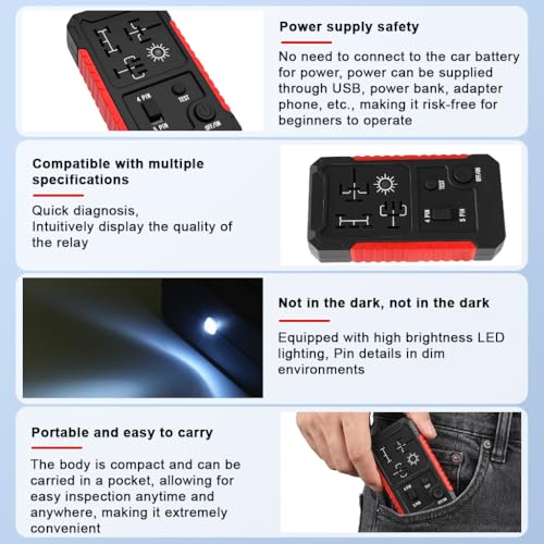 Image of STHIRA DC 12V Automotive Relay Tester for 4PIN and 5PIN Testing, USB Rechargeable Car Relay Voltage Tester with Switch & Light Indicator, 5V DC, 1A-2A Input, Universal Relay Tester Device