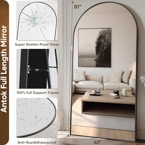 Image of Antok 81 inch x41 inch Arched Full Length Mirror with Stand, Floor Mirror, Black