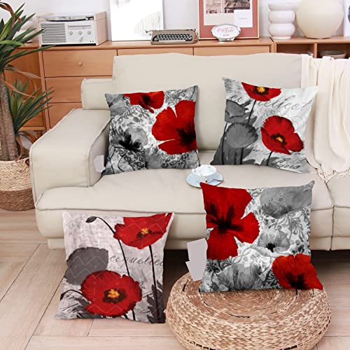 Wilproo Black Red Flower Pillow Covers Love Pillow Covers Decorative Linen Square Throw Pillow Covers Couple Cushion Cases Home Decor For Sofa Bedroom Car 18X18 Inch #TOP1